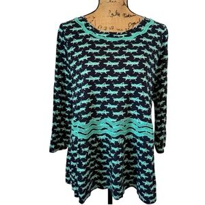 Crown & Ivy navy and green grasshopper print 3/4 sleeve peplum top large